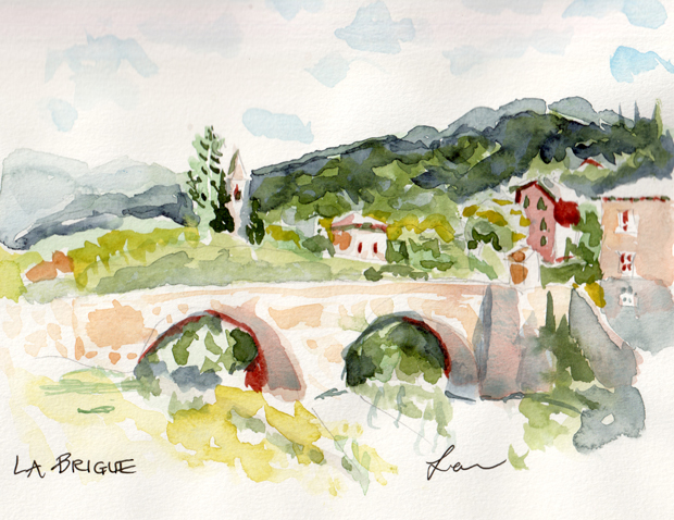 La Brigue, view of bridge and medieval village, France, watercolor