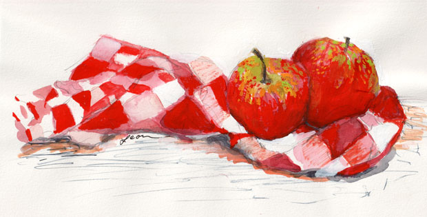 apples on checkered red and white tablecloth, gouache and watercolor