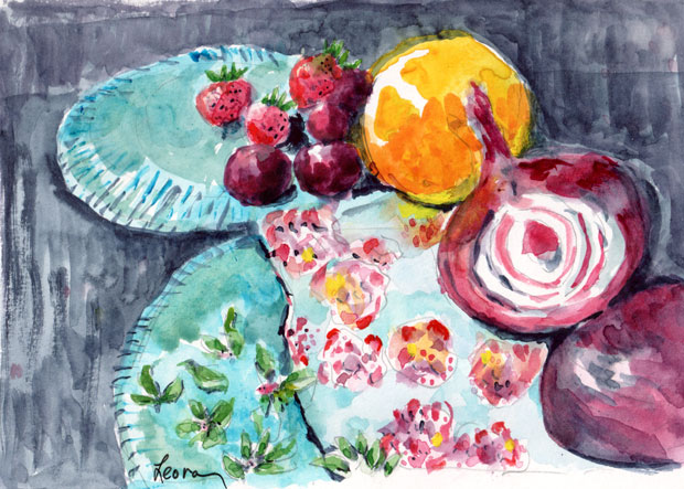 Breakfast in Nice: strawberries, cherries, red onion, lemon from the farmers market. Starring manganese blue, indigo for darks, carmine, cobalt blue, Hansa yellow medium, and bits of gouache.