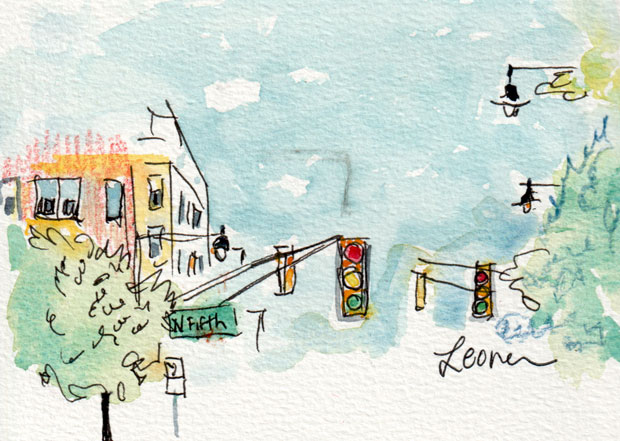 Traffic Lights on Raritan Avenue and North Fifth Avenue, Highland Park, New Jersey, ink, watercolor, and colored pencil