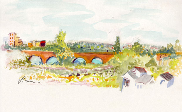 Bridge over the Raritan River, looking from Highland Park into New Brunswick, gouache on paper