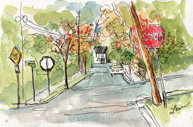 Stop sign in sutumn in Highland Park, New Jersey, ink, watercolor, and colored pencil