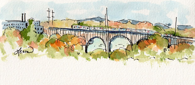 train over Raritan River, bridge from New Brunswick to Highland Park, ink and watercolor