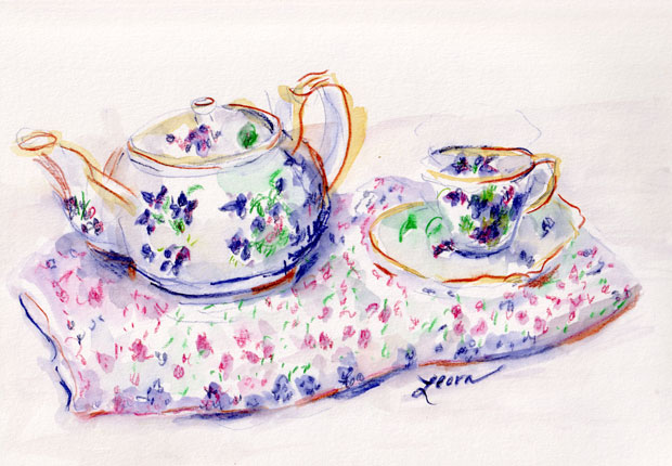 Teapot, teacup, and fabric with violets, Derwent Inktense colored pencils, quinachridrone gold watercolor