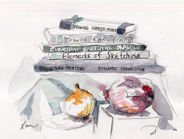 drawing books with onions, ink and watercolor