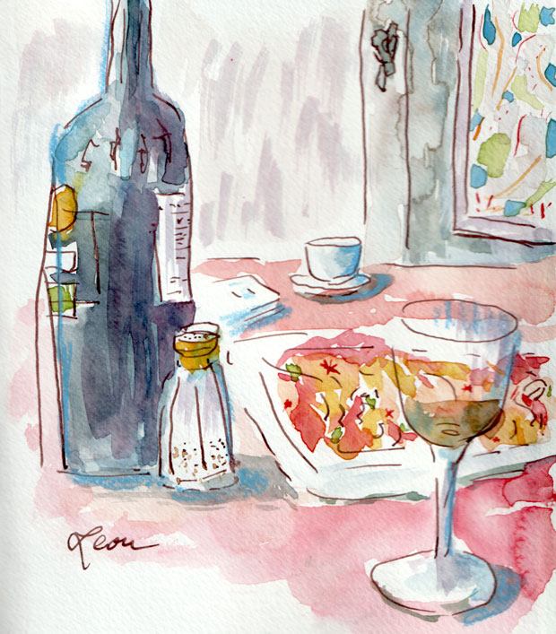 Shabbat table: wine bottle, salt shaker, bencher, kiddush cup, challah board, challah cover, wine glass, mezuzah, painting, ink and watercolor with a touch of colored pencil